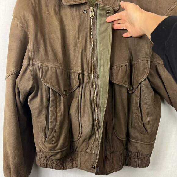 Vintage 90s Leather Bomber Jacket Men L Oversize Aviator Distressed Slouch Baggy - Picture 7 of 16